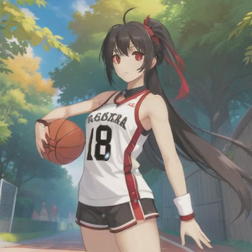  anime girl black hair bright dark brown eyes red and white basketball uniform with the number 18 and the name Nicky white and black shoes Have your hair in a medium high ponytail with two strands on the sides of your ears, have a basketball and look full body Pastel Palette, Da Vinci's Dreams, Picasso's , Sunrise Splendors, Floral Fantasy, Mystical Moonscapes, Urban Nature, Crystal Clear, Cinematic hyperrealistic, full body, detailed clothing, highly detailed, cinematic lighting, stunningly beautiful, intricate, sharp focus, f/1. 8, 85mm, (centered image composition), (professionally color graded), ((bright soft diffused light)), volumetric fog, trending on instagram, trending on tumblr, HDR 4K, 8K