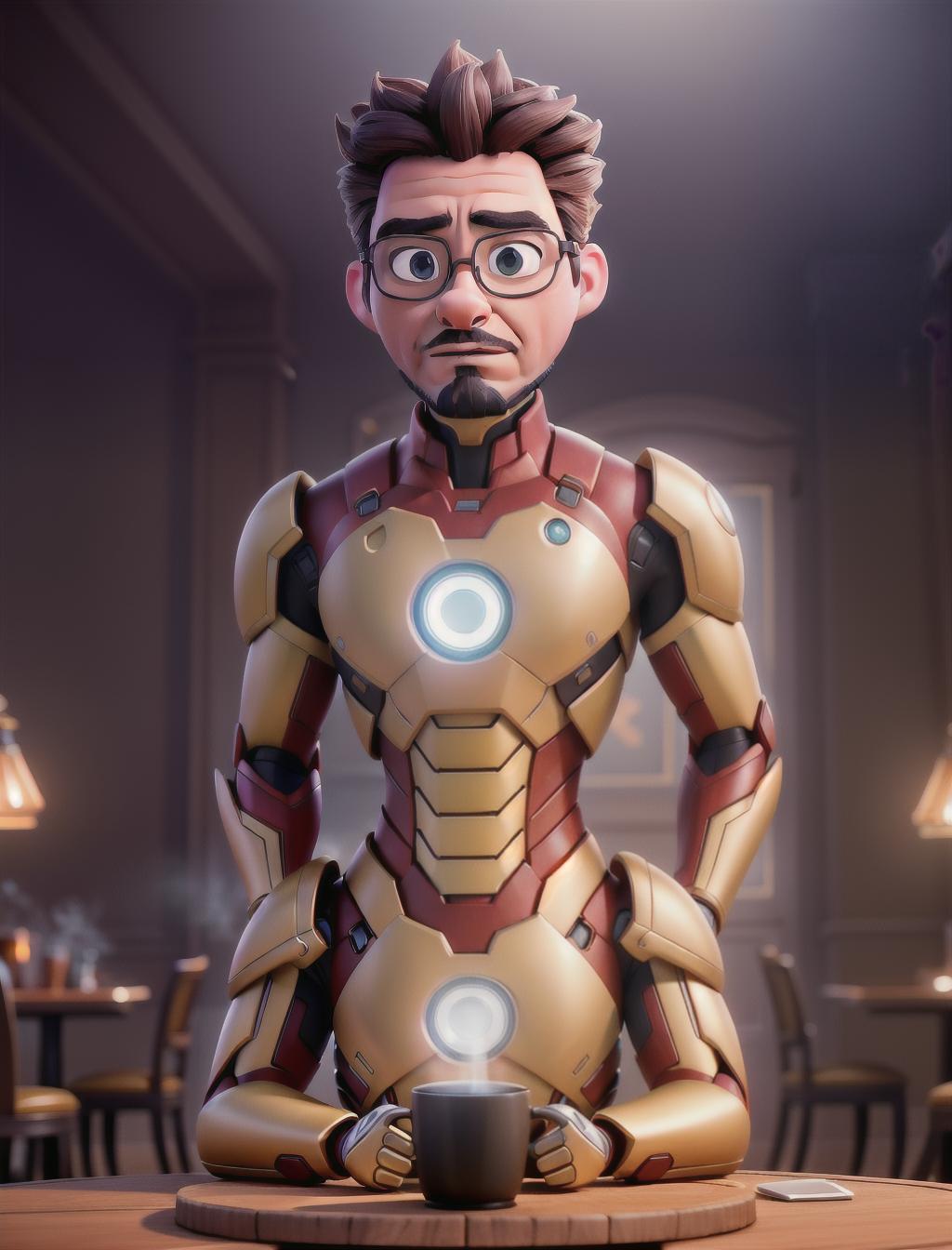  Create an image depicting Tony Stark seated at a cozy café table, engaged in conversation with his Iron Man suit. The atmosphere should be warm and inviting, with steaming cups of coffee on the table and subtle technological elements integrated into the background. Tony and his suit should be portrayed in a style that blends cartoon aesthetics with realistic details, capturing both the whimsy of the scene and the iconic characters involved hyperrealistic, full body, detailed clothing, highly detailed, cinematic lighting, stunningly beautiful, intricate, sharp focus, f/1. 8, 85mm, (centered image composition), (professionally color graded), ((bright soft diffused light)), volumetric fog, trending on instagram, trending on tumblr, HDR 4K, 8K