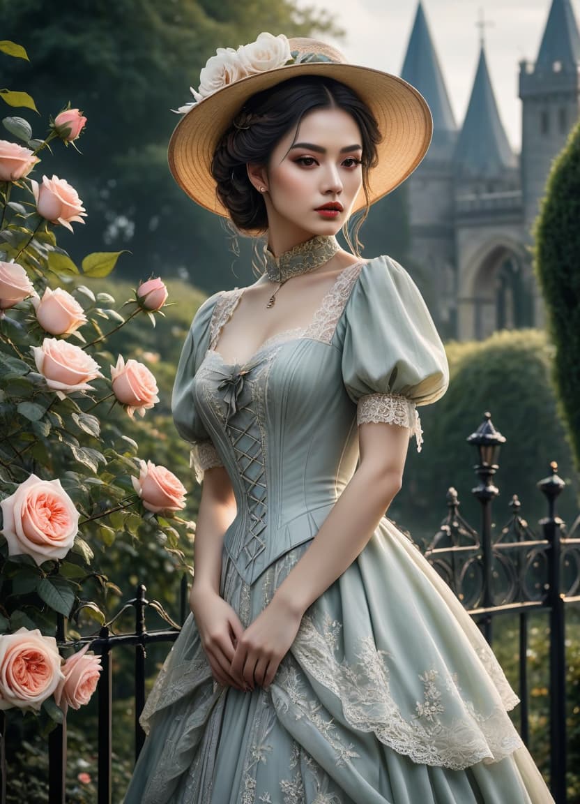  gothic style Delicate English watercolour in pastel tones, on the background of English garden flowers powder roses in dew, among roses stands a lovely in a straw hat decorated with flowers and in a lush dress with lace, openwork wrought iron fence, octane, dew glistens and shimmers in the sun lumen, in the distance marble statue, aesthetic flowers,art botanical, organic biological,realistic . dark, mysterious, haunting, dramatic, ornate, detailed hyperrealistic, full body, detailed clothing, highly detailed, cinematic lighting, stunningly beautiful, intricate, sharp focus, f/1. 8, 85mm, (centered image composition), (professionally color graded), ((bright soft diffused light)), volumetric fog, trending on instagram, trending on tumblr, HDR 4K, 8K