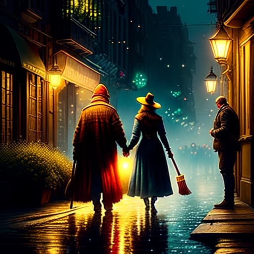  watercolor, storybook, child-book, Young boy helping an elderly woman cross the street, holding a red broom in one hand and the woman's arm in the other, night background with yellow stars., best quality, very detailed, high resolution, sharp, sharp image hyperrealistic, full body, detailed clothing, highly detailed, cinematic lighting, stunningly beautiful, intricate, sharp focus, f/1. 8, 85mm, (centered image composition), (professionally color graded), ((bright soft diffused light)), volumetric fog, trending on instagram, trending on tumblr, HDR 4K, 8K