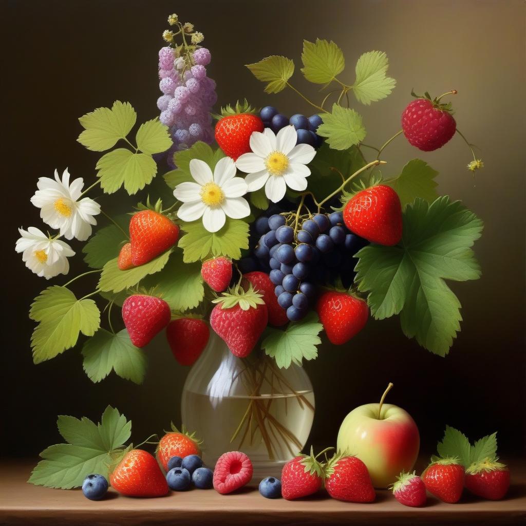  Draw a still life with grapes, a vase with flowers, strawberries, raspberries