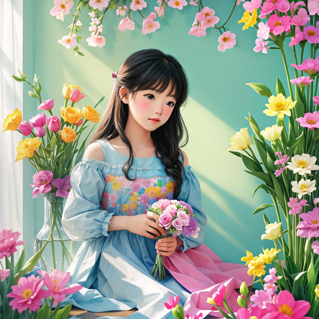  with a crayon art style, A charming scene unfolds as a girl delicately places vibrant flowers into an enchanting crayon-rendered vase.