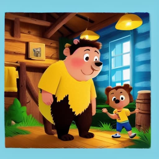  a boy with yellow shirt, short brown hair, blue shorts is standing next to a bear, in the cabin, dim light