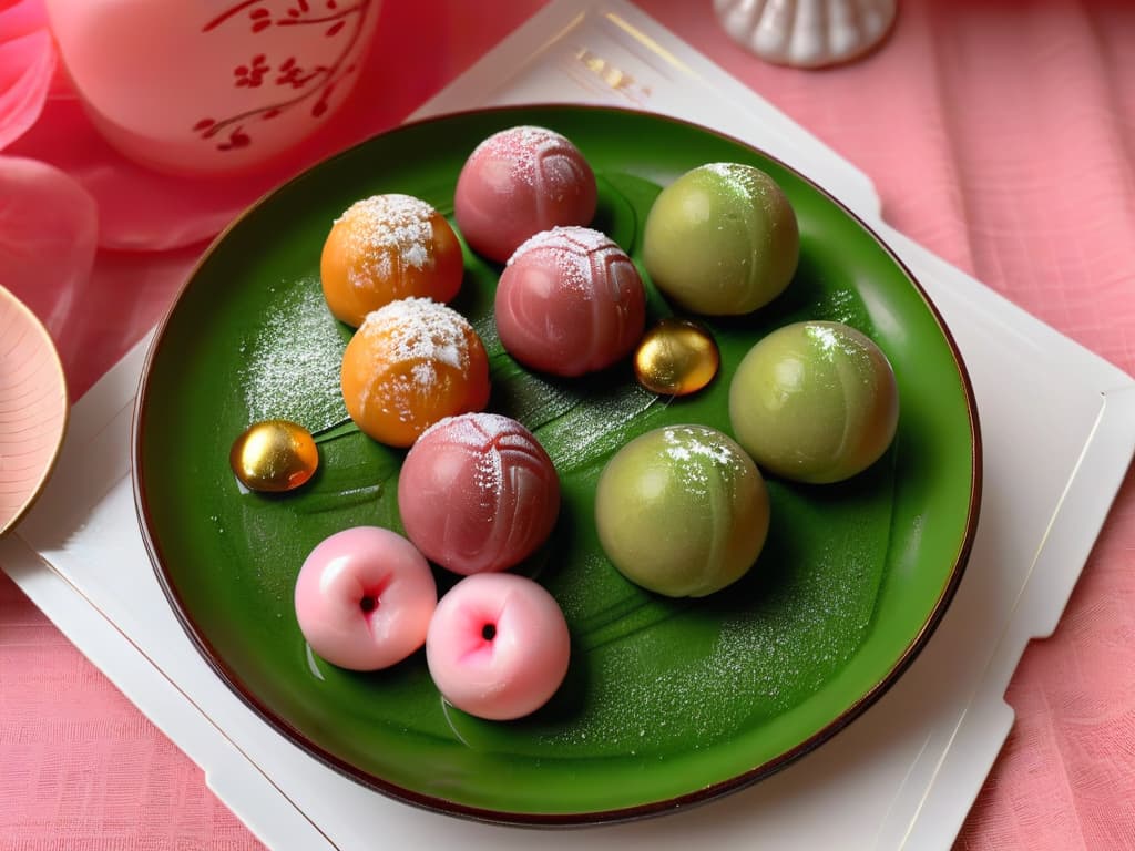  A closeup, photorealistic image of a beautifully arranged plate of freshly made dango, showcasing three different colorful varieties mitarashi dango coated in a glossy sweet soy glaze, hanami dango with pink, white, and green mochi balls, and yomogi dango dusted with vibrant green matcha powder. The dango is elegantly presented on a traditional Japanese ceramic plate, garnished with a single cherry blossom for an extra touch of authenticity. The lighting highlights the textures of the mochi balls, making them look irresistibly soft and chewy, while the colors pop off the screen, inviting the viewer to savor the visual feast before them. hyperrealistic, full body, detailed clothing, highly detailed, cinematic lighting, stunningly beautiful, intricate, sharp focus, f/1. 8, 85mm, (centered image composition), (professionally color graded), ((bright soft diffused light)), volumetric fog, trending on instagram, trending on tumblr, HDR 4K, 8K