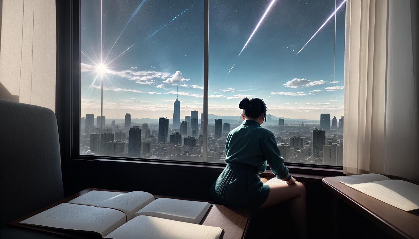  Retro anime aesthetics, retro futuristic Image needed, contemplative scene, an open journal with handwritten notes, pages slightly curled, a pen resting on top, soft light from a nearby window, personal reflection, intimate, thoughtful, 4k, HDR, lens flare