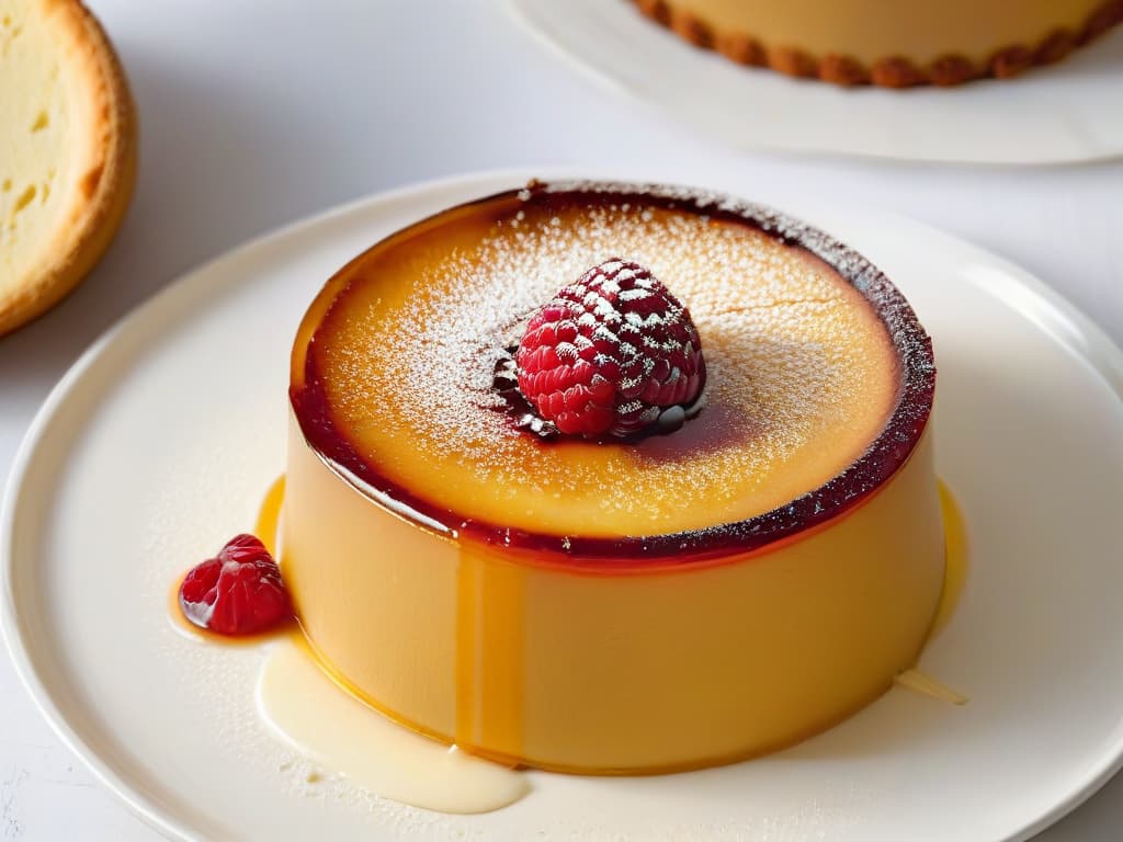  A closeup, ultradetailed image of a perfectly caramelized, goldenbrown flan resting on a sleek, modern white plate. The flan is garnished with a single vibrant red raspberry on top, its juices glistening under a soft, natural light, highlighting the smooth texture and creamy consistency of the dessert. The plate is set against a clean, minimalist background, emphasizing the elegance and simplicity of this healthy flan recipe. hyperrealistic, full body, detailed clothing, highly detailed, cinematic lighting, stunningly beautiful, intricate, sharp focus, f/1. 8, 85mm, (centered image composition), (professionally color graded), ((bright soft diffused light)), volumetric fog, trending on instagram, trending on tumblr, HDR 4K, 8K