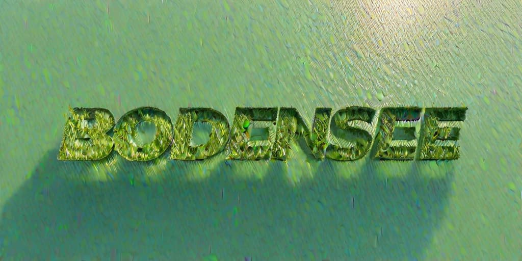  3D text "BODENSEE" looking like water, floating above Lake Constance, Photographic style, high resolution.