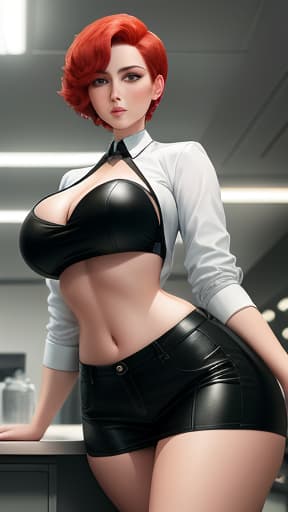  Full-body curvy female professor with short red hair hourglass waist line medium-sized butt big breast and emerald eyes wearing posing seductively on a chemistry lab table in a chemistry lab , masterpieces, top quality, best quality, official art, beautiful and aesthetic, realistic, 4K, 8K