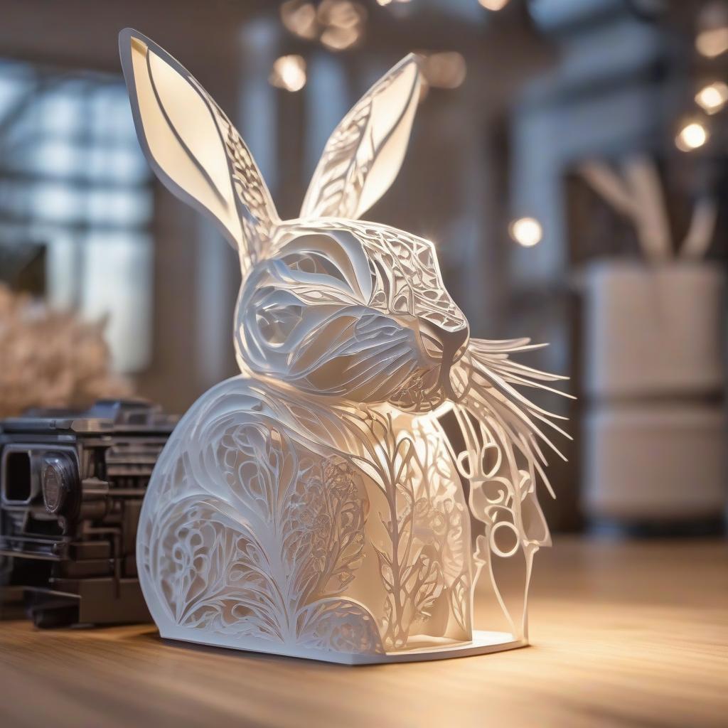  stacked papercut art of printer, easter rabbit made of paper, pane . 3D, layered, dimensional, depth, precision cut, stacked layers, papercut, high contrast hyperrealistic, full body, detailed clothing, highly detailed, cinematic lighting, stunningly beautiful, intricate, sharp focus, f/1. 8, 85mm, (centered image composition), (professionally color graded), ((bright soft diffused light)), volumetric fog, trending on instagram, trending on tumblr, HDR 4K, 8K