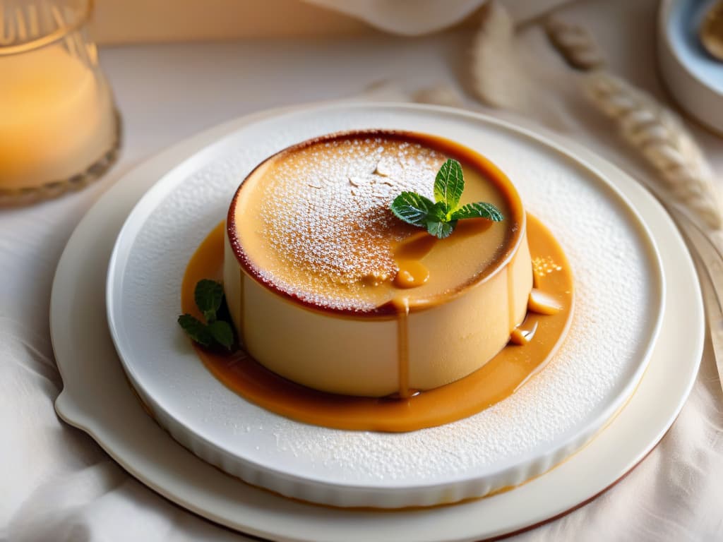  A highresolution, ultradetailed image of a perfectly golden flan de leche resting on a delicate ceramic plate, surrounded by a dusting of powdered sugar, a few scattered mint leaves for garnish, and a subtle drizzle of caramel sauce pooling gracefully next to it. The flan's surface glistens under a soft, natural light, showcasing its smooth texture and creamy consistency, while the plate's intricate patterns add a touch of elegance to the composition. The image exudes a sense of timeless tradition and culinary craftsmanship, inviting viewers to savor the sweet simplicity of this classic dessert. hyperrealistic, full body, detailed clothing, highly detailed, cinematic lighting, stunningly beautiful, intricate, sharp focus, f/1. 8, 85mm, (centered image composition), (professionally color graded), ((bright soft diffused light)), volumetric fog, trending on instagram, trending on tumblr, HDR 4K, 8K