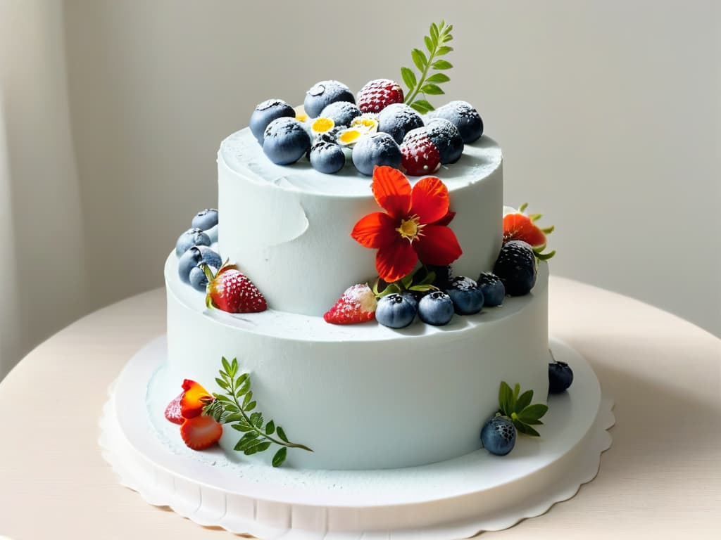  A highresolution, ultradetailed image of a perfectly frosted threetiered cake, delicately adorned with fresh berries and edible flowers, set against a clean, white backdrop. The frosting is flawlessly smooth, reflecting the precision and skill required for successful participation in the art of pastry. Each berry glistens with freshness, and the flowers add a pop of color and elegance to the composition, embodying the sophistication and beauty that can be achieved through successful participation in the world of baking. hyperrealistic, full body, detailed clothing, highly detailed, cinematic lighting, stunningly beautiful, intricate, sharp focus, f/1. 8, 85mm, (centered image composition), (professionally color graded), ((bright soft diffused light)), volumetric fog, trending on instagram, trending on tumblr, HDR 4K, 8K