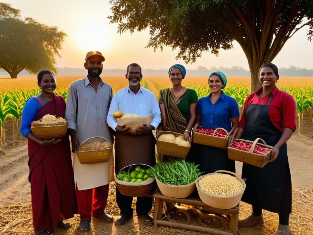  A group of diverse farmers from different parts of the world, each holding baskets of freshly harvested fair trade ingredients, standing together in unity. The sun is setting in the background, casting a warm golden glow over the scene, emphasizing the bond and collaboration among the producers. The minimalistic style highlights the simplicity and beauty of their shared purpose in promoting fair trade practices. hyperrealistic, full body, detailed clothing, highly detailed, cinematic lighting, stunningly beautiful, intricate, sharp focus, f/1. 8, 85mm, (centered image composition), (professionally color graded), ((bright soft diffused light)), volumetric fog, trending on instagram, trending on tumblr, HDR 4K, 8K