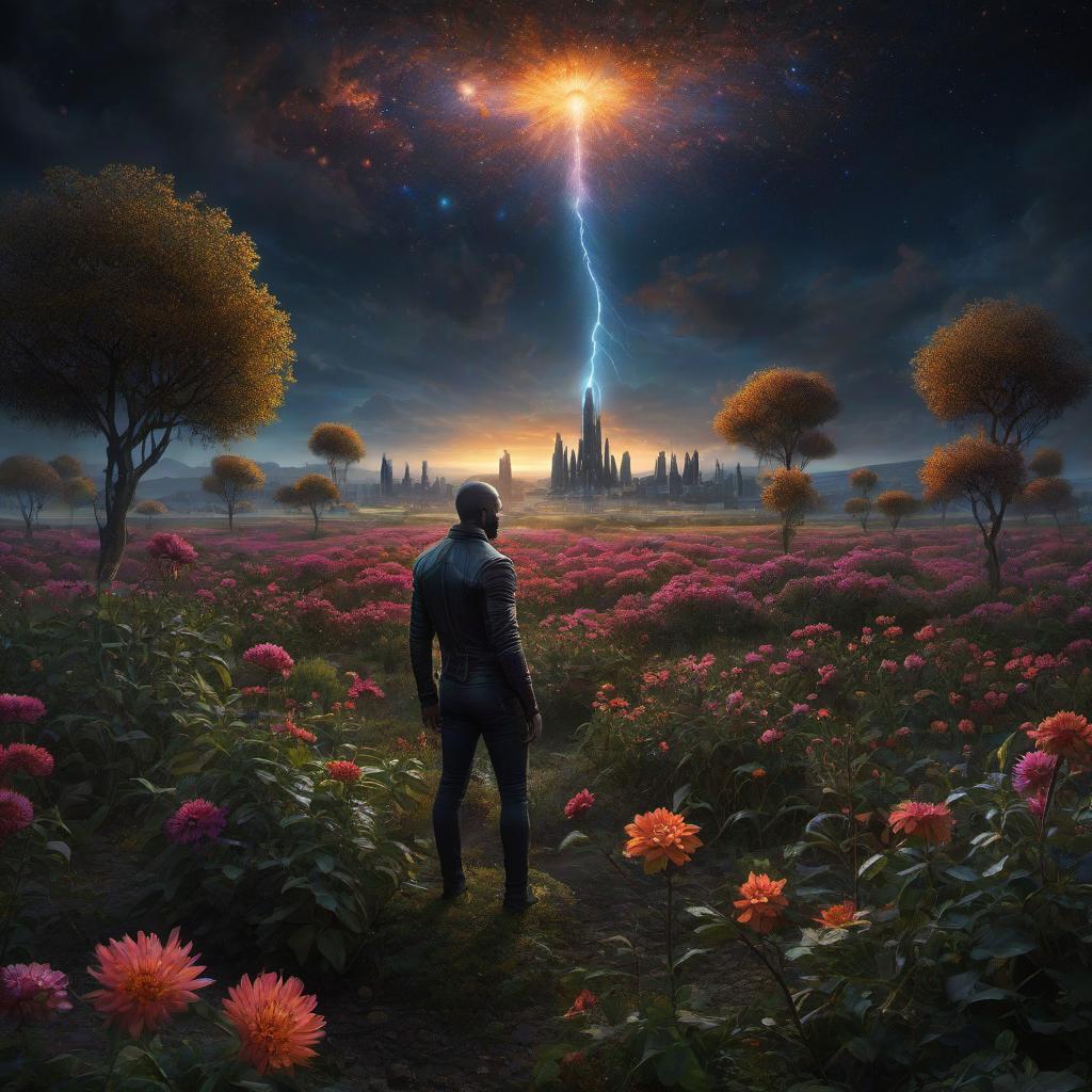  (stylized by Tomasz Alen Kopera:1.3) , dark art, dense flower field and Perseid meteor in background, landscape of a (Barcelona:1.2) , very Bizarre and 1600'S, Hurricane, Glitchcore, Amaro, layered textures, ornate, intricate artistic color, complimentary colors, very inspirational, atmosphere, fine artistic composition, sunny, theatrical hyperrealistic, full body, detailed clothing, highly detailed, cinematic lighting, stunningly beautiful, intricate, sharp focus, f/1. 8, 85mm, (centered image composition), (professionally color graded), ((bright soft diffused light)), volumetric fog, trending on instagram, trending on tumblr, HDR 4K, 8K