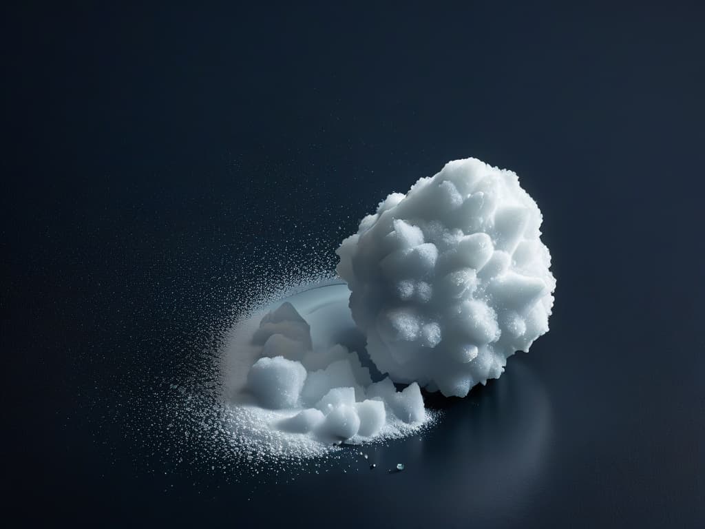  A closeup, ultradetailed image of a pristine white sugar crystal on a sleek, matte black surface, capturing the intricate geometric facets and natural sparkle of the crystal in exquisite detail. hyperrealistic, full body, detailed clothing, highly detailed, cinematic lighting, stunningly beautiful, intricate, sharp focus, f/1. 8, 85mm, (centered image composition), (professionally color graded), ((bright soft diffused light)), volumetric fog, trending on instagram, trending on tumblr, HDR 4K, 8K