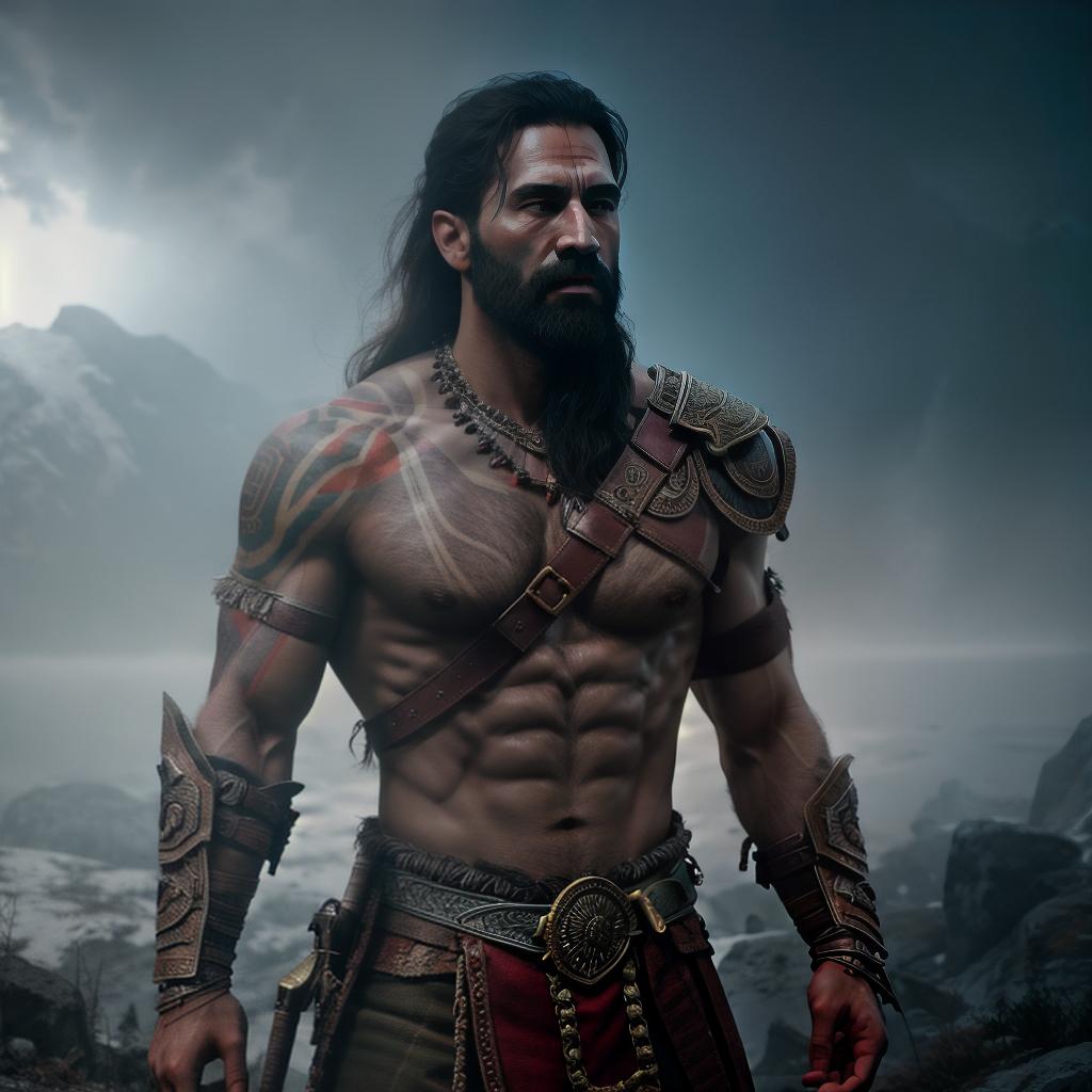  God of war hyperrealistic, full body, detailed clothing, highly detailed, cinematic lighting, stunningly beautiful, intricate, sharp focus, f/1. 8, 85mm, (centered image composition), (professionally color graded), ((bright soft diffused light)), volumetric fog, trending on instagram, trending on tumblr, HDR 4K, 8K