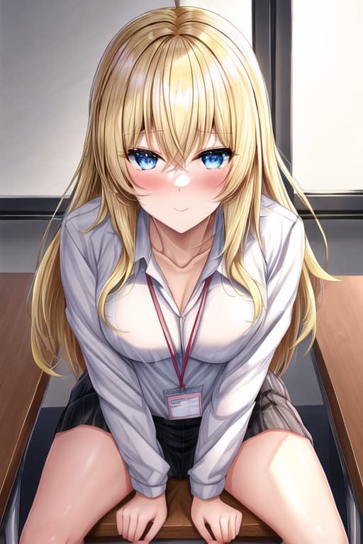  blue eyes,blond hair,asian,anime,sitting on a office desk