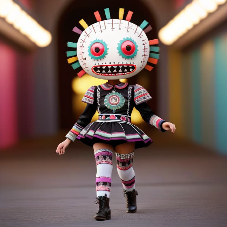  3D Rendering, Photograph, kachina doll of a (Female Beholder:1.2) , Kawaii, intricate details, Walking towards camera, the Beholder has Short hairstyle, Formal Shoulder pads, inside a Port, Panorama, Horror, Britpop, side light, double exposure, Cinestill 50, Depth of field 100mm, overly complex style, multidimensional, [ (watercolor art stylized by Horia Bernea:1.0) , Jane Small::3]