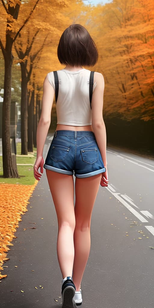  girl-walking, with her back turned, autumn, in short shorts