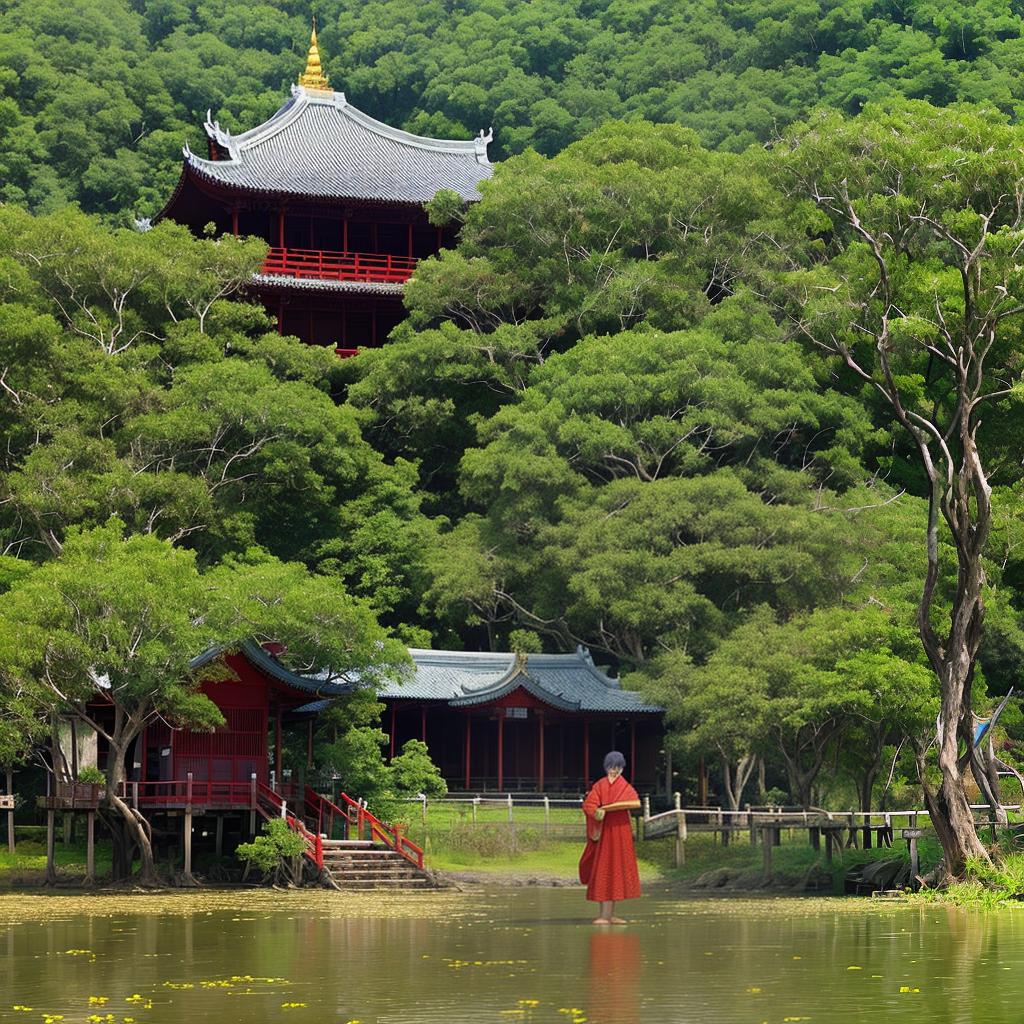  masterpiece, best quality, river, tallow tree, new crop, wildflower, chicken, dog, withered tree, hut, pagoda, Buddhist temple, farmer, village girl