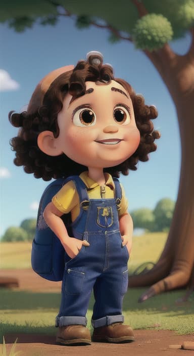  {Riley looking up at the tree with a big smile, animals surrounding them., Riley, a curious with big brown eyes and curly hair, wearing overalls and carrying a small backpack. Their friend, Skye, a bluebird with shiny feathers.