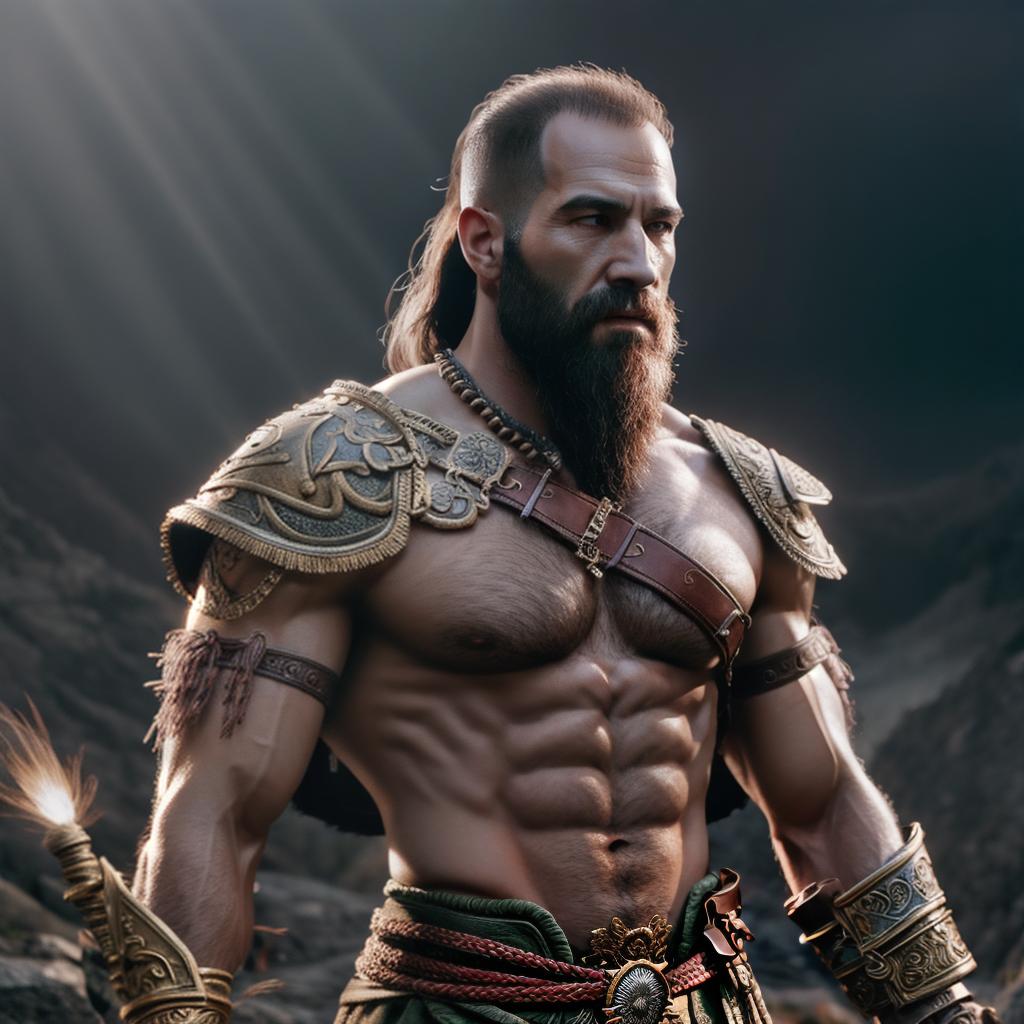  God of war hyperrealistic, full body, detailed clothing, highly detailed, cinematic lighting, stunningly beautiful, intricate, sharp focus, f/1. 8, 85mm, (centered image composition), (professionally color graded), ((bright soft diffused light)), volumetric fog, trending on instagram, trending on tumblr, HDR 4K, 8K