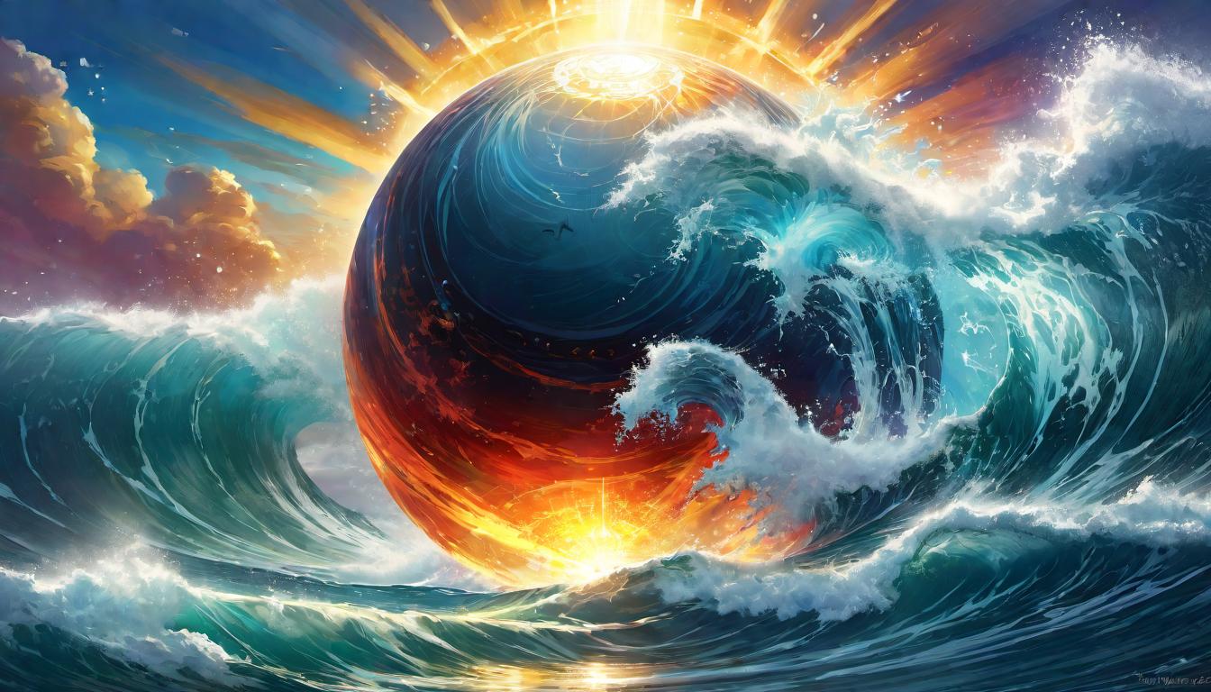  digital illustration, Radiant orb surrounded by energetic waves, dynamic, potent, mystical energy, revelation, looking at viewer, dynamic pose, (intricate details, masterpiece, best quality)