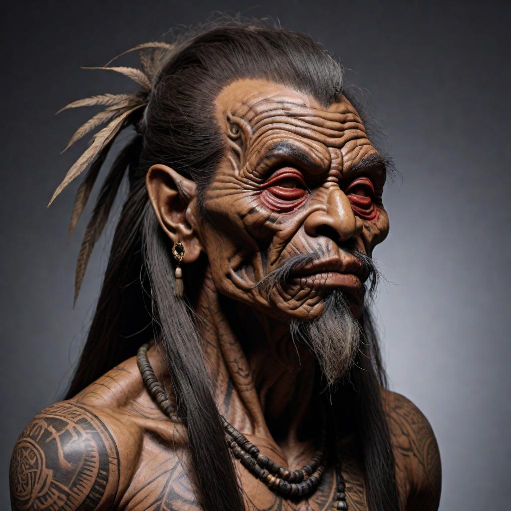  A highly detailed shrunken head with traditional features. The head has darkened and shriveled skin, stitched closed eyes and mouth, long hair, and tribal tattoos. It should convey a sense of eerie authenticity, as if it was part of an ancient ritual or tribe's tradition. The background should be neutral to emphasize the head. hyperrealistic, full body, detailed clothing, highly detailed, cinematic lighting, stunningly beautiful, intricate, sharp focus, f/1. 8, 85mm, (centered image composition), (professionally color graded), ((bright soft diffused light)), volumetric fog, trending on instagram, trending on tumblr, HDR 4K, 8K