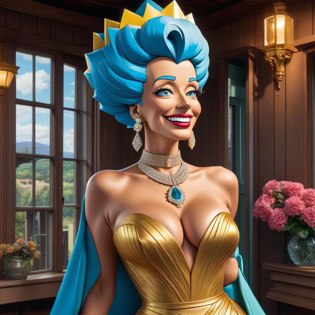  stacked papercut art of Character Marge Simpson, concept art, with thick blue hair, smiling, showing teeth, wearing a long golden evening dress, diamond necklace, standing on the porch of a house, 2d, anime, extremely hyper detailed clothing, (extremely detailed face), (masterpiece: 1.4), (perfect eyes: 1.1), (deeper green colored eyes) . 3D, layered, dimensional, depth, precision cut, stacked layers, papercut, high contrast hyperrealistic, full body, detailed clothing, highly detailed, cinematic lighting, stunningly beautiful, intricate, sharp focus, f/1. 8, 85mm, (centered image composition), (professionally color graded), ((bright soft diffused light)), volumetric fog, trending on instagram, trending on tumblr, HDR 4K, 8K