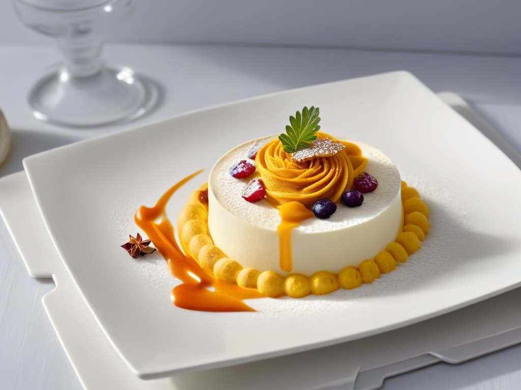  An ultradetailed closeup image of a delicate, goldenhued saffron thread slowly infusing into a creamy, luxurious dessert, showcasing the intricate textures and vibrant colors of the premium spice. The dessert is elegantly presented on a simple, modern white plate, emphasizing the purity and sophistication of the dish. The lighting is soft yet highlighting every fine detail, creating a visually stunning and mouthwatering image that perfectly complements the article's focus on highquality saffroninfused desserts. hyperrealistic, full body, detailed clothing, highly detailed, cinematic lighting, stunningly beautiful, intricate, sharp focus, f/1. 8, 85mm, (centered image composition), (professionally color graded), ((bright soft diffused light)), volumetric fog, trending on instagram, trending on tumblr, HDR 4K, 8K