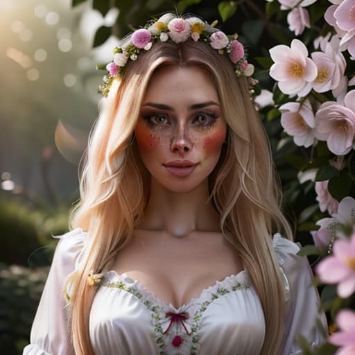  detailed and realistic portrait of a rapunzel maid with a few freckles, long blonde disheveled hairs, multicolor mesmerizing eyes, dark fluff dress, soft natural lighting, portrait photography, magical photography, dramatic lighting, photo realism, ultra detailed, intimate portrait composition, flowers in background, Leica 50mm, f1. 4 hyperrealistic, full body, detailed clothing, highly detailed, cinematic lighting, stunningly beautiful, intricate, sharp focus, f/1. 8, 85mm, (centered image composition), (professionally color graded), ((bright soft diffused light)), volumetric fog, trending on instagram, trending on tumblr, HDR 4K, 8K