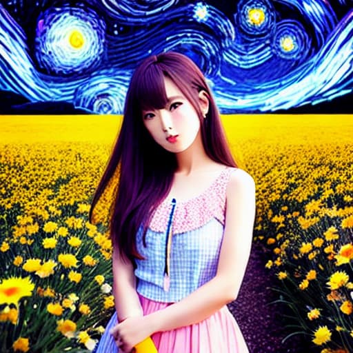 modelshoot style pretty anime girl, flowery field, starry night