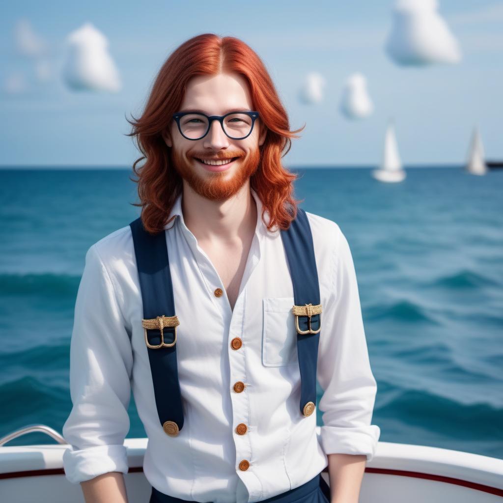  nautical-themed A young man with long hair, a small beard, Scandinavian-style haircut, red hair, standing tall, wearing a costume, hands in pockets, with a nasty look and a smile, wearing glasses. . sea, ocean, ships, maritime, beach, marine life, highly detailed