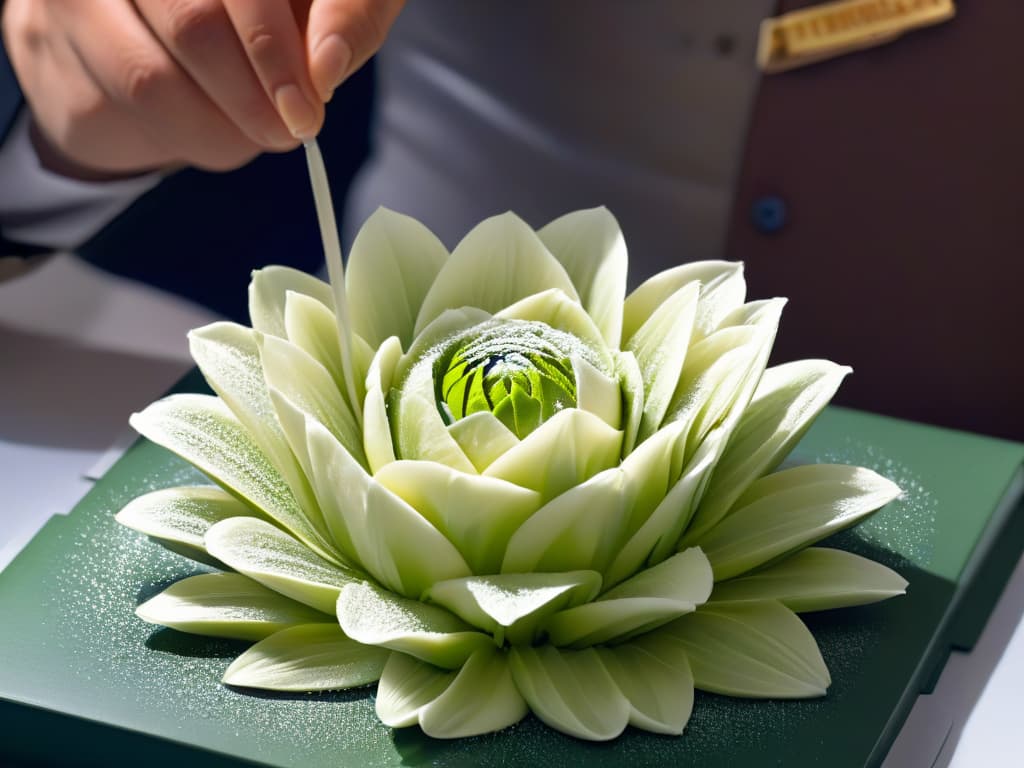  An ultradetailed closeup image of a delicate, intricate sugar flower being meticulously crafted by a skilled pastry chef's hands. The image showcases the precision and artistry involved in the pastrymaking process, with every petal and detail of the flower coming to life in stunning clarity. The soft lighting highlights the craftsmanship and dedication of the master pastry chef, emphasizing the elegance and beauty of the finished creation. hyperrealistic, full body, detailed clothing, highly detailed, cinematic lighting, stunningly beautiful, intricate, sharp focus, f/1. 8, 85mm, (centered image composition), (professionally color graded), ((bright soft diffused light)), volumetric fog, trending on instagram, trending on tumblr, HDR 4K, 8K