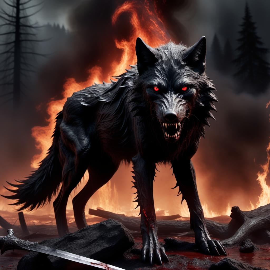  horror-themed The ravenous black wolf Fenrir, its body soaked in blood, stands with its fur standing on end as a fierce and animalistic figure with burning eyes, waiting to attack in a battlefield filled with carnage and debris, all while clinging to the theme of Scandinavian mythology in a highly realistic depiction. . eerie, unsettling, dark, spooky, suspenseful, grim, highly detailed
