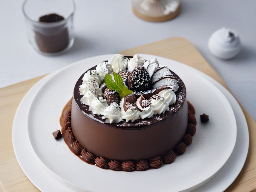  An ultradetailed, minimalist image of a beautifully plated dessert featuring a decadent truffleinfused chocolate cake, garnished with delicate shavings of black truffle, all set on a sleek, modern white plate. The cake is rich and moist, with a glossy chocolate glaze that glistens under soft, natural lighting. The truffle shavings on top are arranged artfully, adding a touch of elegance to the dessert. Surrounding the plate are a few scattered whole truffles, emphasizing the luxurious and extravagant nature of using truffles in baking. hyperrealistic, full body, detailed clothing, highly detailed, cinematic lighting, stunningly beautiful, intricate, sharp focus, f/1. 8, 85mm, (centered image composition), (professionally color graded), ((bright soft diffused light)), volumetric fog, trending on instagram, trending on tumblr, HDR 4K, 8K