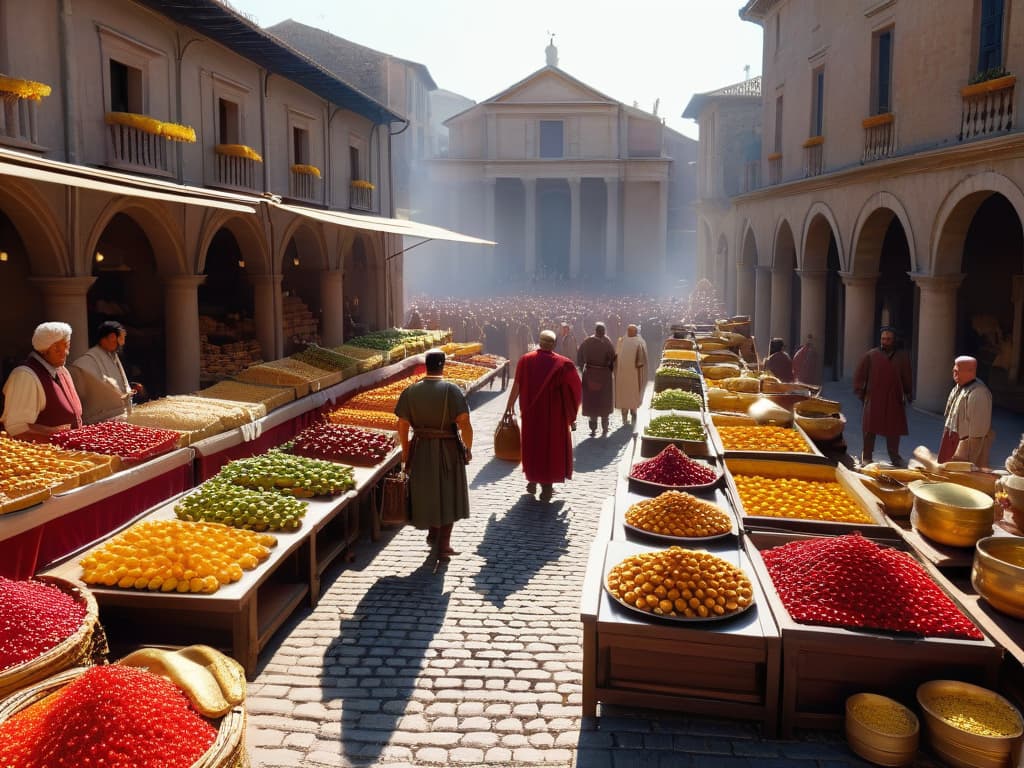  An 8k ultradetailed generation of a Roman marketplace, bustling with activity under the warm glow of the sun. The image showcases stalls overflowing with exotic fruits, spices, and pottery, while Roman citizens in traditional attire engage in lively conversations and transactions. The architecture of the ancient Roman buildings in the background adds a sense of grandeur and history to the scene, transporting the viewer back in time to the days of the Roman Empire. hyperrealistic, full body, detailed clothing, highly detailed, cinematic lighting, stunningly beautiful, intricate, sharp focus, f/1. 8, 85mm, (centered image composition), (professionally color graded), ((bright soft diffused light)), volumetric fog, trending on instagram, trending on tumblr, HDR 4K, 8K