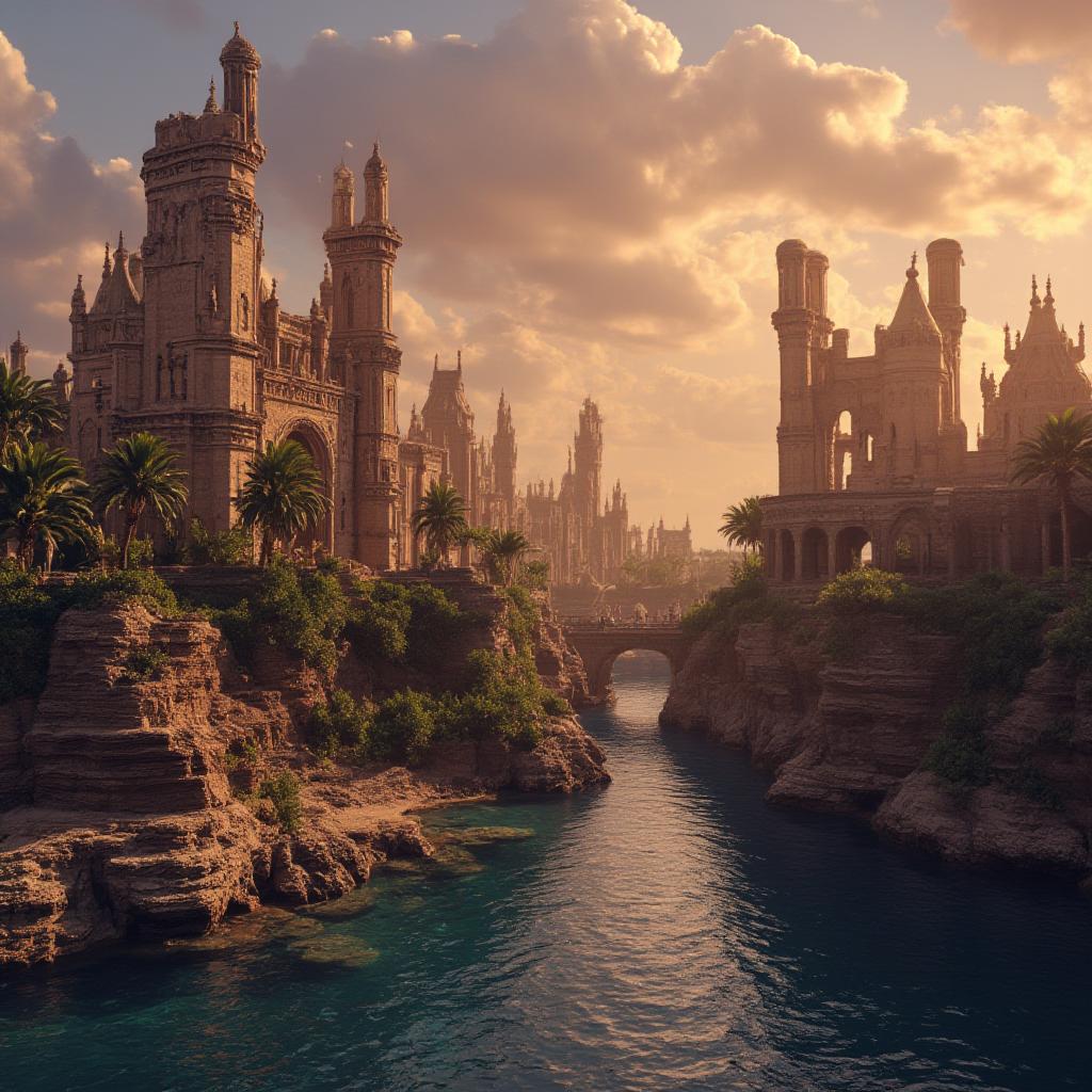  good quality, high quality, towers in the lost city atlantis at sunset