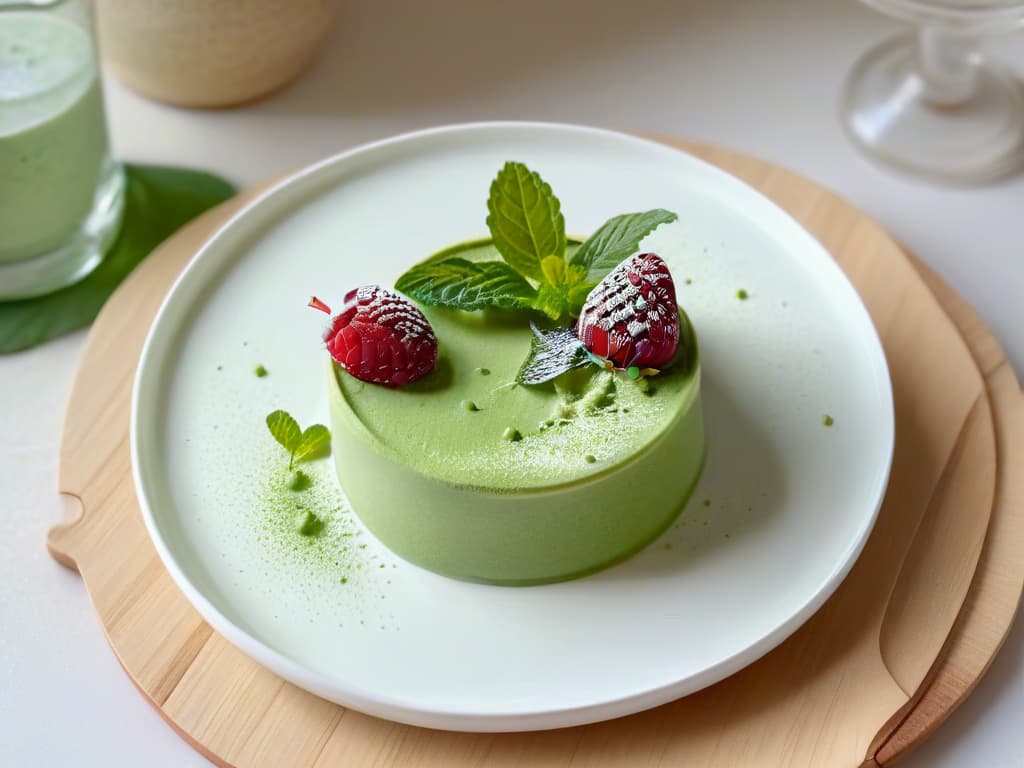  A serene and minimalistic image of a beautifully crafted matcha green tea dessert, featuring a delicate matcha mousse topped with vibrant green tea powder dusting, placed elegantly on a pristine white porcelain plate. The dessert is garnished with fresh, whole raspberries and mint leaves, adding a pop of color against the soothing green hues of the matcha. The background is softly blurred, emphasizing the intricate details and textures of the dessert, creating a visually captivating and serene Zeninspired composition. hyperrealistic, full body, detailed clothing, highly detailed, cinematic lighting, stunningly beautiful, intricate, sharp focus, f/1. 8, 85mm, (centered image composition), (professionally color graded), ((bright soft diffused light)), volumetric fog, trending on instagram, trending on tumblr, HDR 4K, 8K