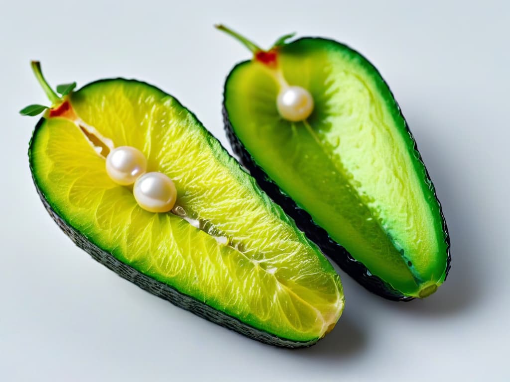  A closeup, ultradetailed image of a vibrant green Finger Lime sliced open to reveal its caviarlike pearls, set against a stark white background to emphasize its unique texture and exotic appeal. The pearls glisten with a hint of natural light, showcasing the freshness and juiciness of this Australian fruit, perfect for incorporating into decadent desserts. hyperrealistic, full body, detailed clothing, highly detailed, cinematic lighting, stunningly beautiful, intricate, sharp focus, f/1. 8, 85mm, (centered image composition), (professionally color graded), ((bright soft diffused light)), volumetric fog, trending on instagram, trending on tumblr, HDR 4K, 8K