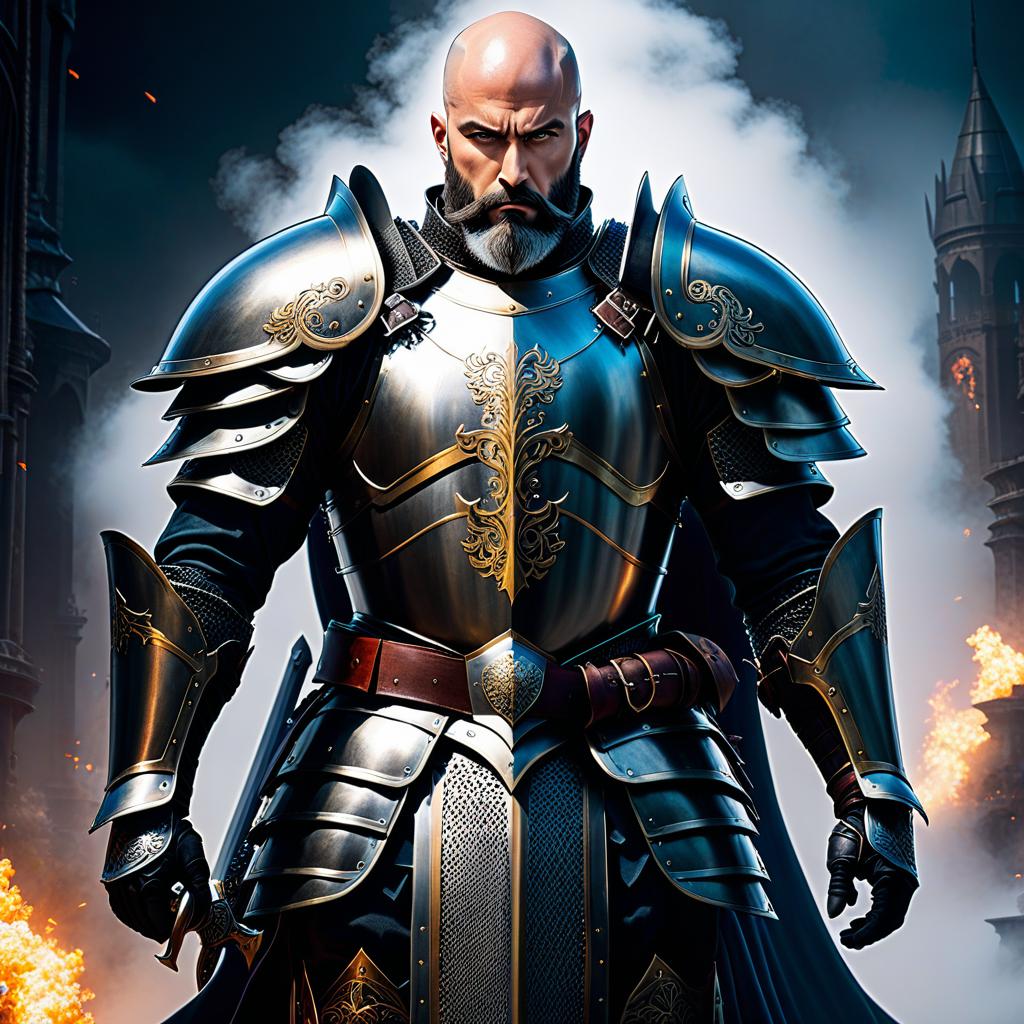  anime artwork Bald and bearded warrior in knight armor, without helmet . anime style, key visual, vibrant, studio anime, highly detailed hyperrealistic, full body, detailed clothing, highly detailed, cinematic lighting, stunningly beautiful, intricate, sharp focus, f/1. 8, 85mm, (centered image composition), (professionally color graded), ((bright soft diffused light)), volumetric fog, trending on instagram, trending on tumblr, HDR 4K, 8K