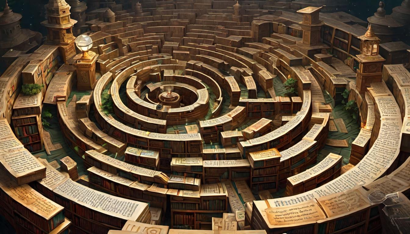  digital painting of A complex labyrinth made of books and scrolls, pathways illuminated by floating orbs of light, surreal, intellectual exploration looking at viewer, dynamic pose, (intricate details, masterpiece, best quality)