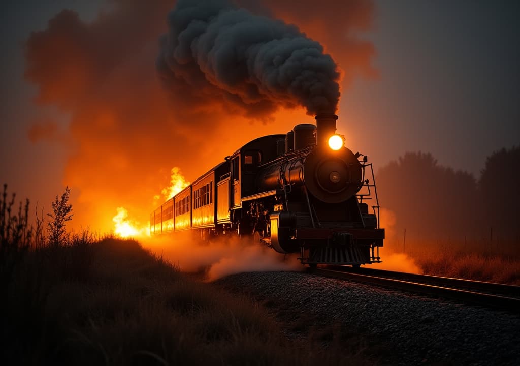  good quality, high quality, a steam train speeds through a dark, fiery landscape at night, with intense smoke and fire illuminating the surroundings. the image creates a thrilling and intense atmosphere, evoking adventure and