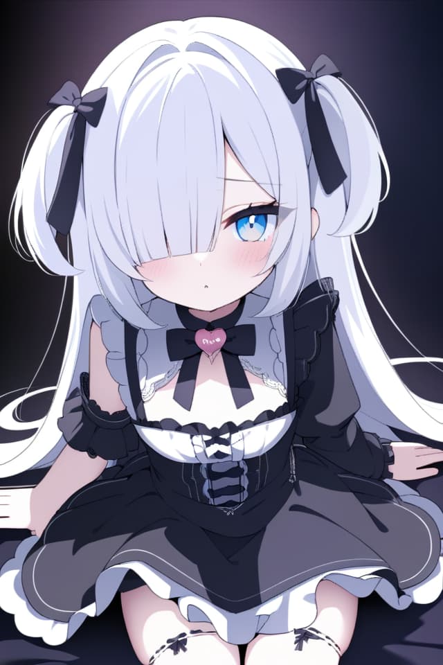  ((masterpiece)),((best quality)),(ultra detailed),((kawaii)),cute,(lovely),a cute girl,1girl,solo,gothic lolita costume,beautiful white hair,beautiful light blue eyes,🎀🎀🎀🎀🎀🎀🎀🎀🎀🎀🎀🎀🎀🎀,clear line,image resolution 1024px,hair over eyes,hair over one eye,master piece,high quality,4K,8K