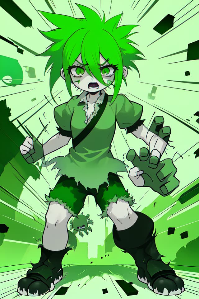  Green hair character suffering from pain, rampaging, and rampaging