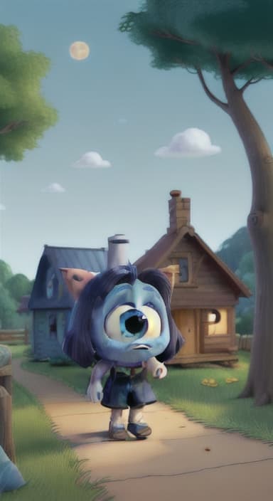  {Max walking back towards the cozy little house with droopy eyes, as twilight falls, The big blue dog is large with sky blue fur, big round eyes, a black nose, and floppy ears.