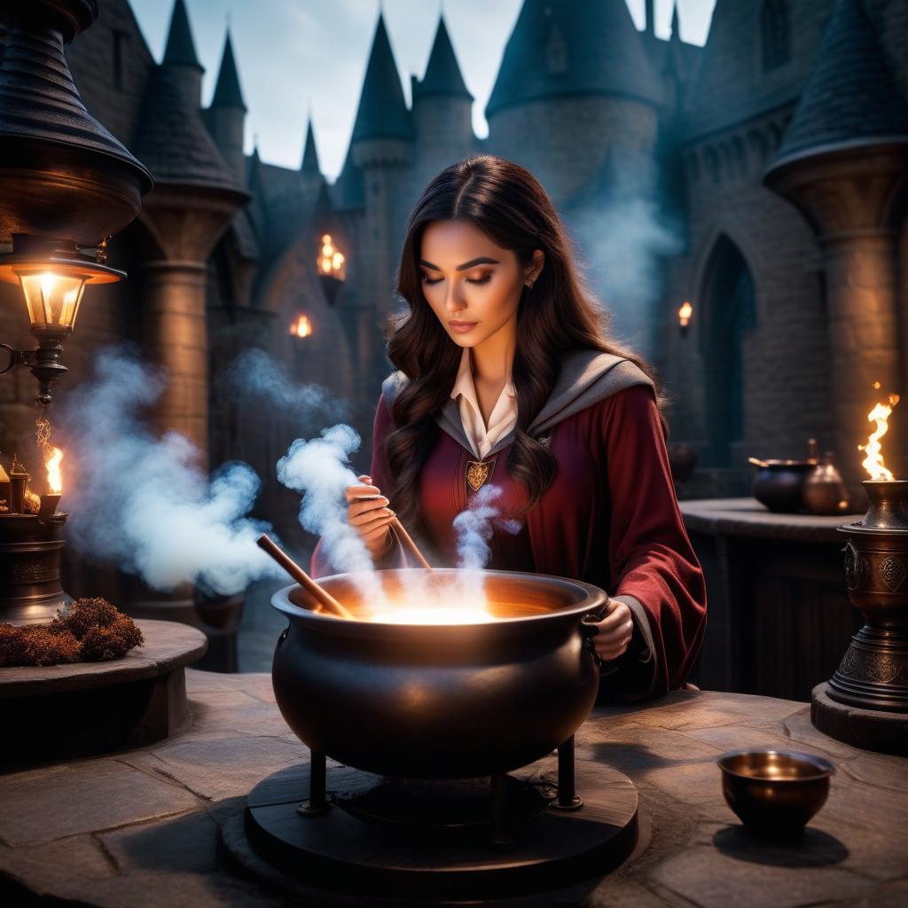  A girl is looking at her phone and boiling a potion in a cauldron at Hogwarts. hyperrealistic, full body, detailed clothing, highly detailed, cinematic lighting, stunningly beautiful, intricate, sharp focus, f/1. 8, 85mm, (centered image composition), (professionally color graded), ((bright soft diffused light)), volumetric fog, trending on instagram, trending on tumblr, HDR 4K, 8K