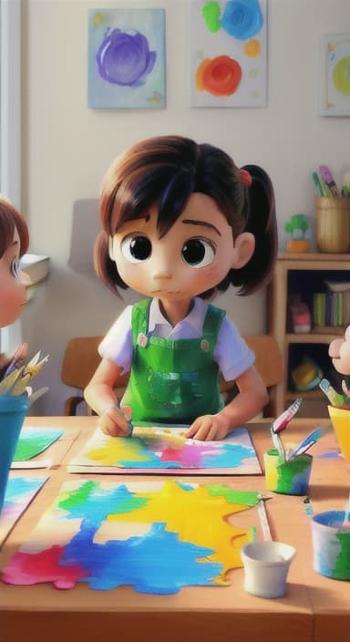  {Children gathered around a table full of paints, brushes, and paper., Kids wearing aprons, concentrating on their painting with bright colors on paper.