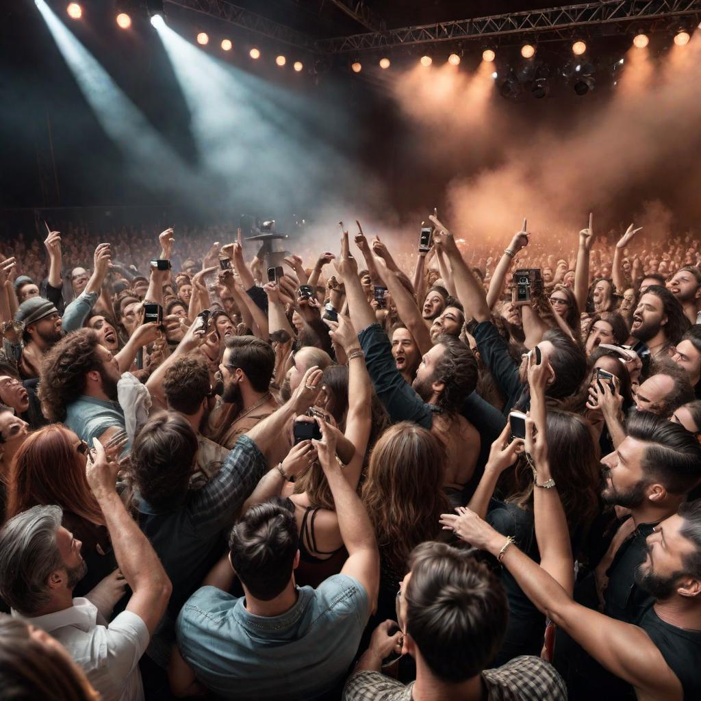  Create an image of a rock and roll concert scene with a crowd cheering for Denny Earl and Laura Lee performing on stage. hyperrealistic, full body, detailed clothing, highly detailed, cinematic lighting, stunningly beautiful, intricate, sharp focus, f/1. 8, 85mm, (centered image composition), (professionally color graded), ((bright soft diffused light)), volumetric fog, trending on instagram, trending on tumblr, HDR 4K, 8K