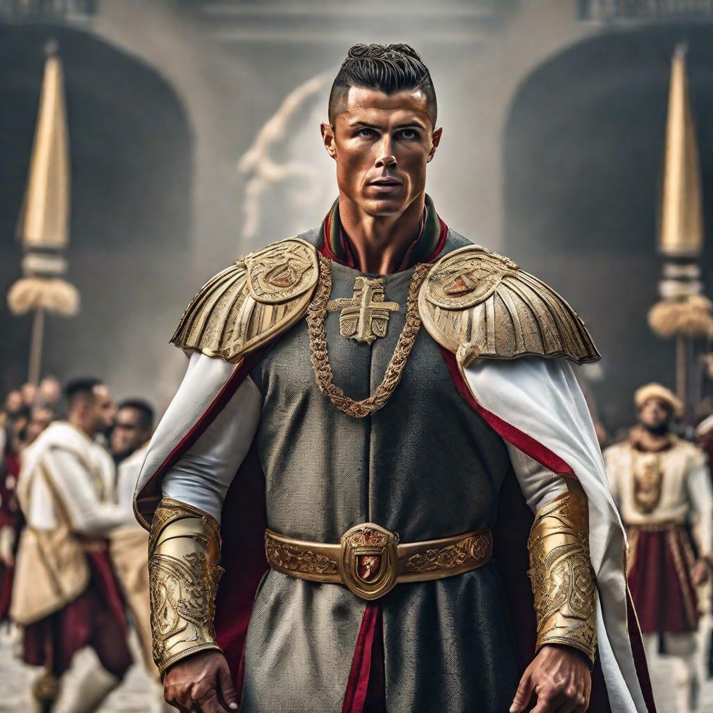  Ronaldo as a king hyperrealistic, full body, detailed clothing, highly detailed, cinematic lighting, stunningly beautiful, intricate, sharp focus, f/1. 8, 85mm, (centered image composition), (professionally color graded), ((bright soft diffused light)), volumetric fog, trending on instagram, trending on tumblr, HDR 4K, 8K