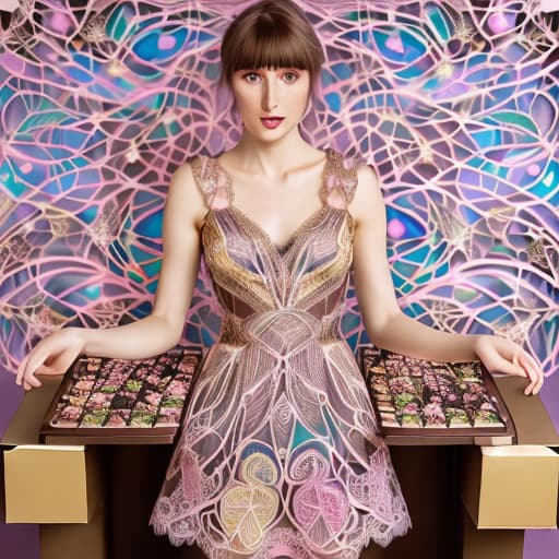  Beautiful Alica Schmidt (transparent lace multi colored pastel dress holding an open box of fine dark chocolates)(pink cheeks)(shadow lighting)(Superrealism)(Foreground: open box of fine dark chocolates on a small serving table)(Background artdeco mansion)(gold scrollwork)(delicate hands and fingers)